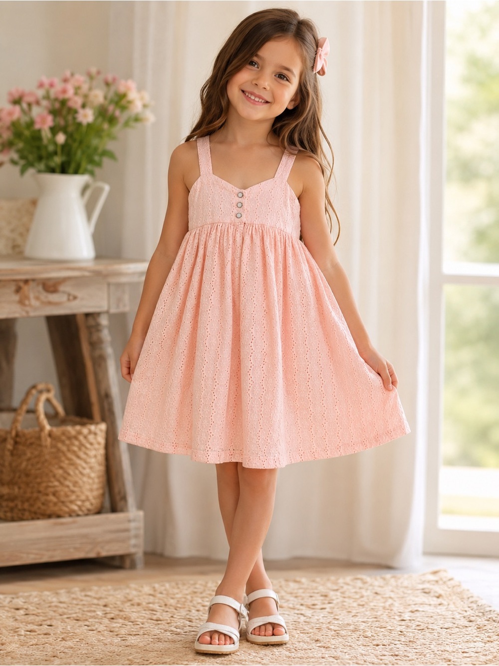 Joie Girls Size 7 Pink Eyelet Sundress Cotton Sweetheart family pictures Dress - Picture 2 of 9